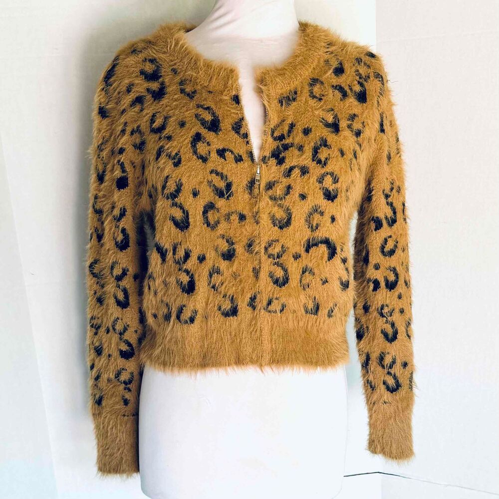 POL Brown Leopard Print Fuzzy Cropped Zip Up Sweater Womens Size Small NWOT